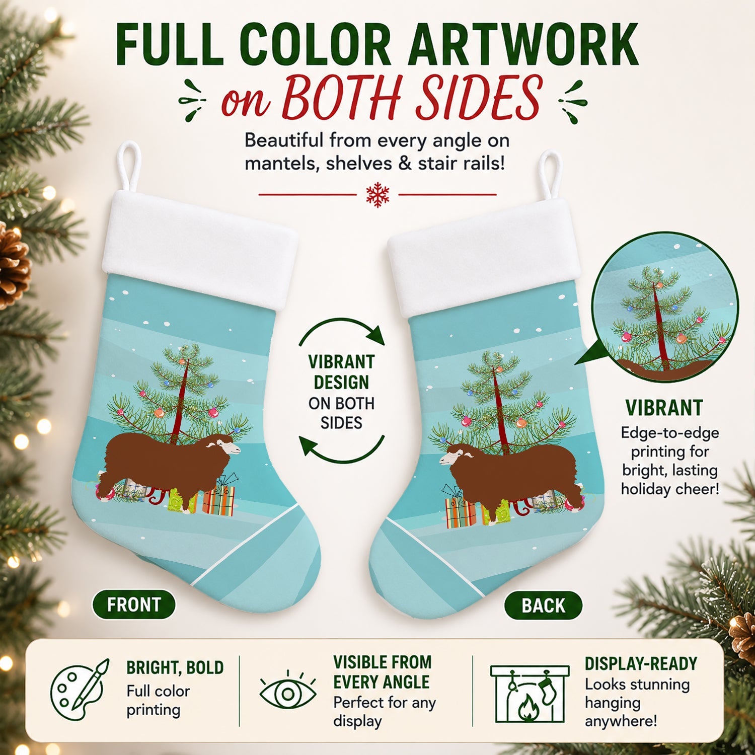 Merino Sheep Christmas Holiday Stocking Double-Sided Print, Polyester Suede,11x18, Made in USA