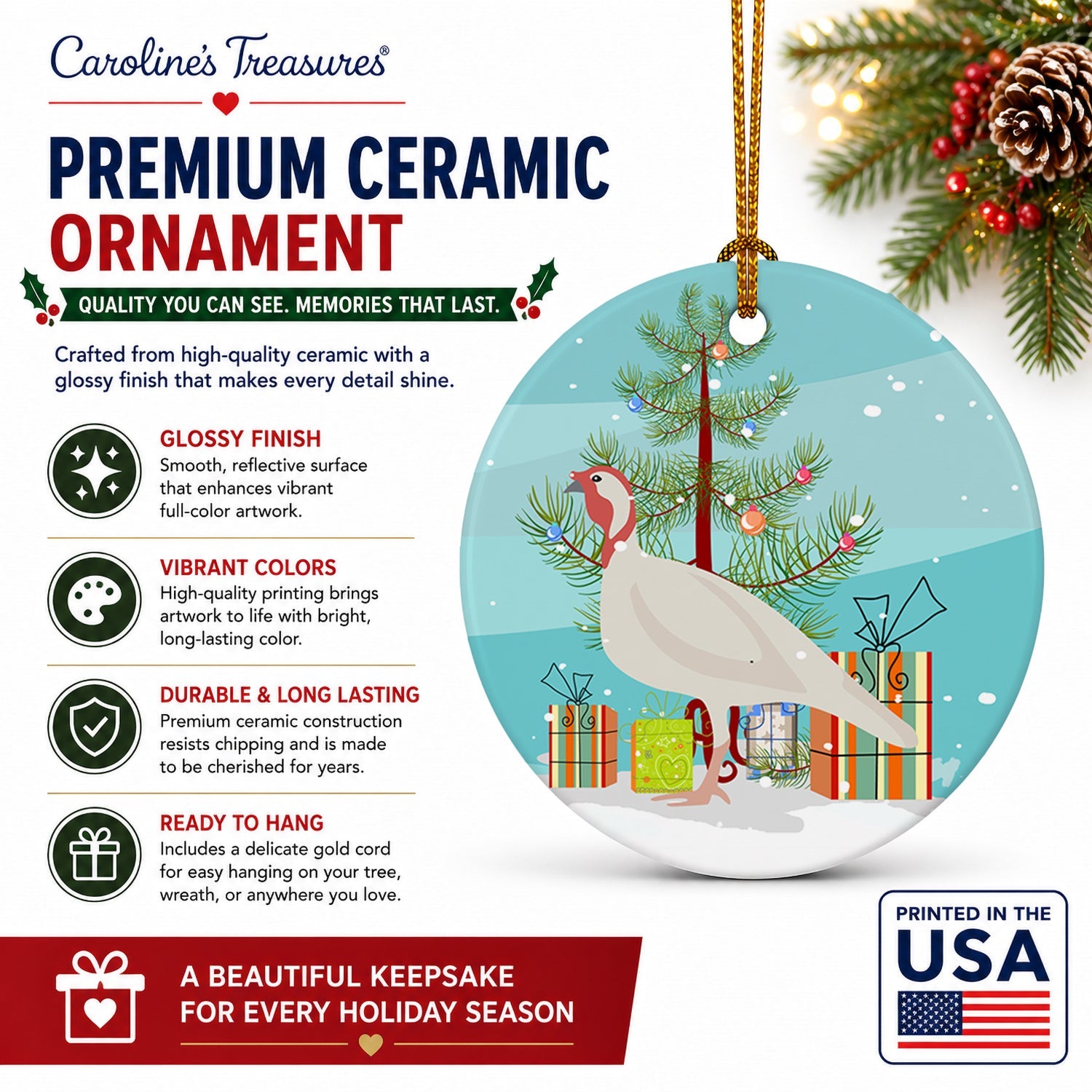 Beltsville Small White Turkey Hen Christmas Ceramic Ornament Christmas Tree Hanging Decorations for Home Christmas Holiday, Party, Gift, 3 in, Multicolor