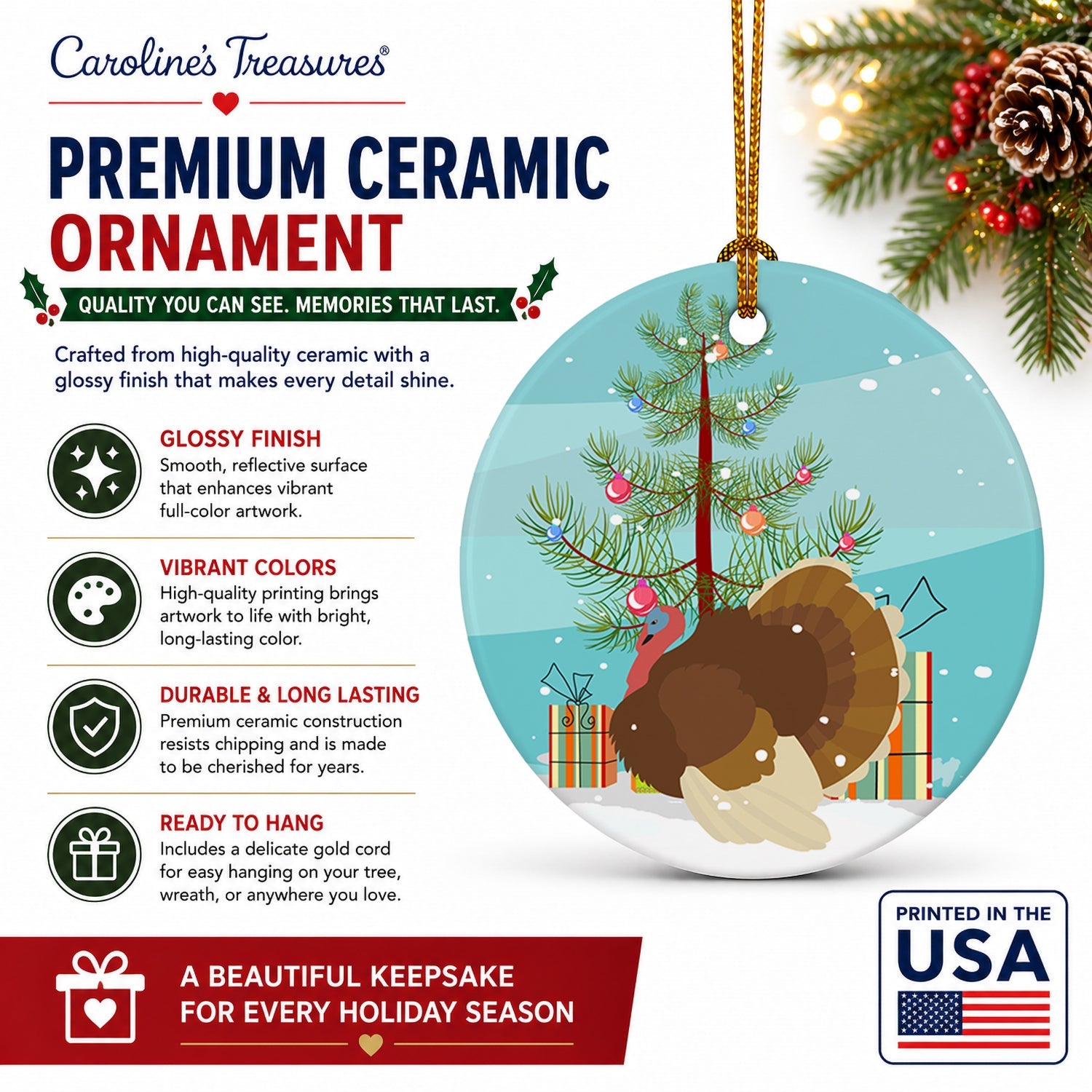 French Turkey Dindon Christmas Ceramic Ornament Christmas Tree Hanging Decorations for Home Christmas Holiday, Party, Gift, 3 in, Multicolor