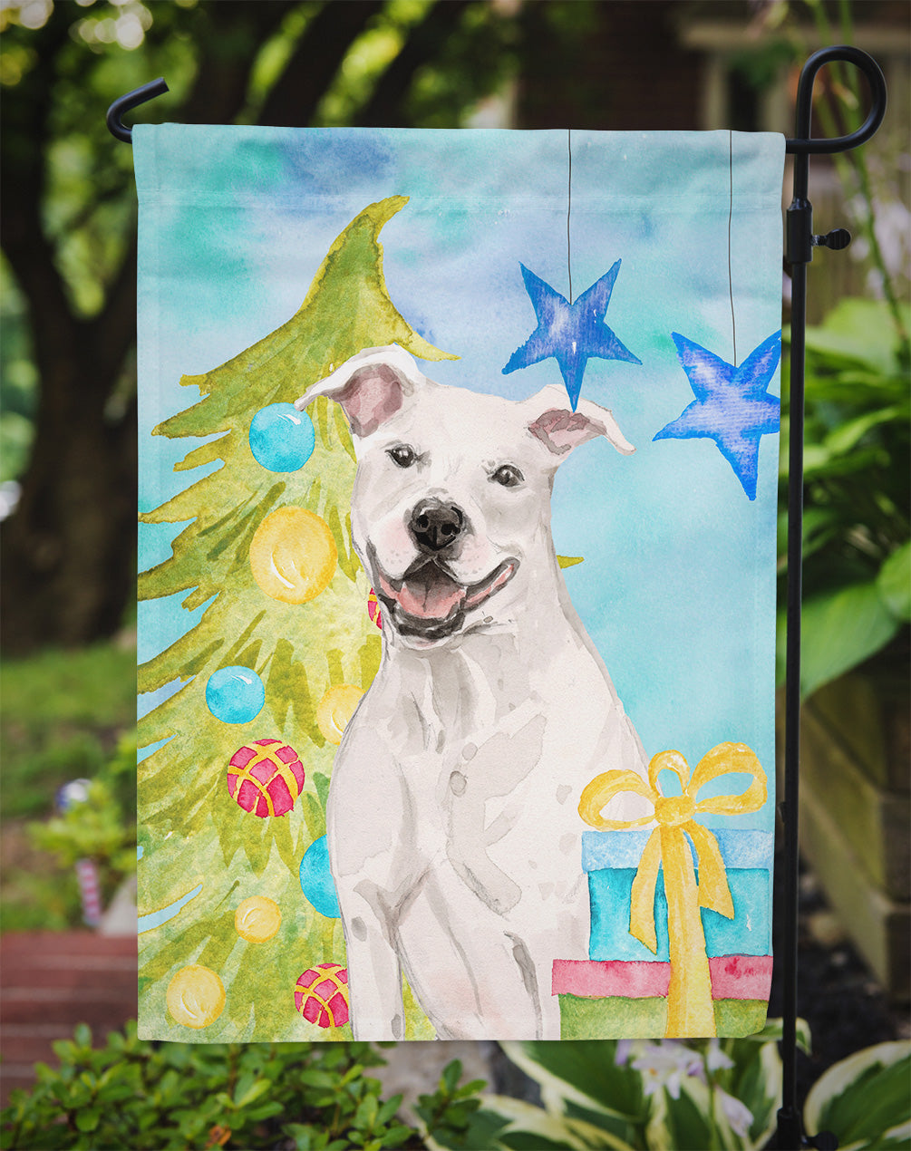 White Staffie Bull Terrier Christmas Garden Flag Mailbox Decorative Yard Banner Outside Patio Artwork for Flower Beds, Garden Size, Multicolor