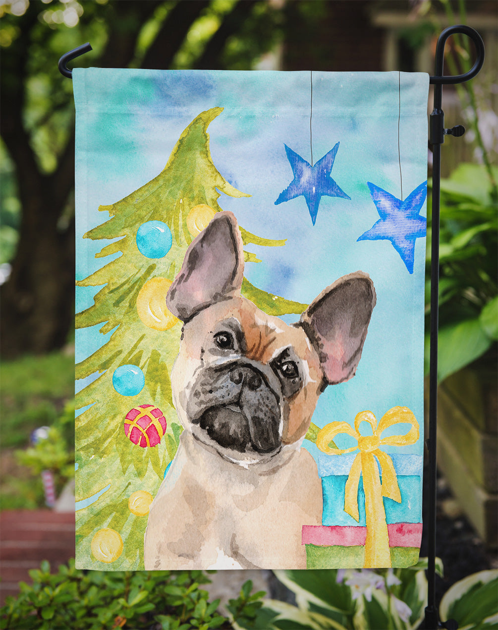 Fawn French Bulldog Christmas Garden Flag Mailbox Decorative Yard Banner Outside Patio Artwork for Flower Beds, Garden Size, Multicolor