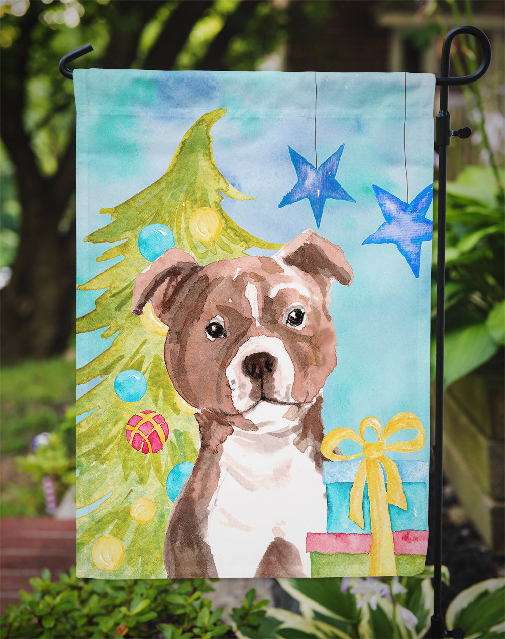 Red Staffie Bull Terrier Christmas Garden Flag Mailbox Decorative Yard Banner Outside Patio Artwork for Flower Beds, Garden Size, Multicolor