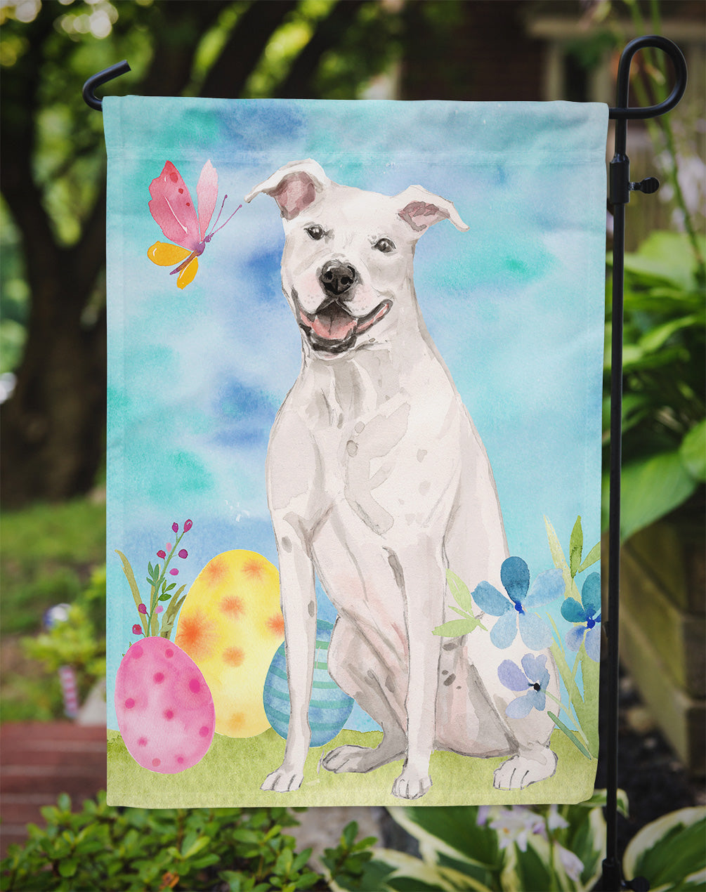 White Staffie Bull Terrier Easter Garden Flag Mailbox Decorative Yard Banner Outside Patio Artwork for Flower Beds, Garden Size, Multicolor