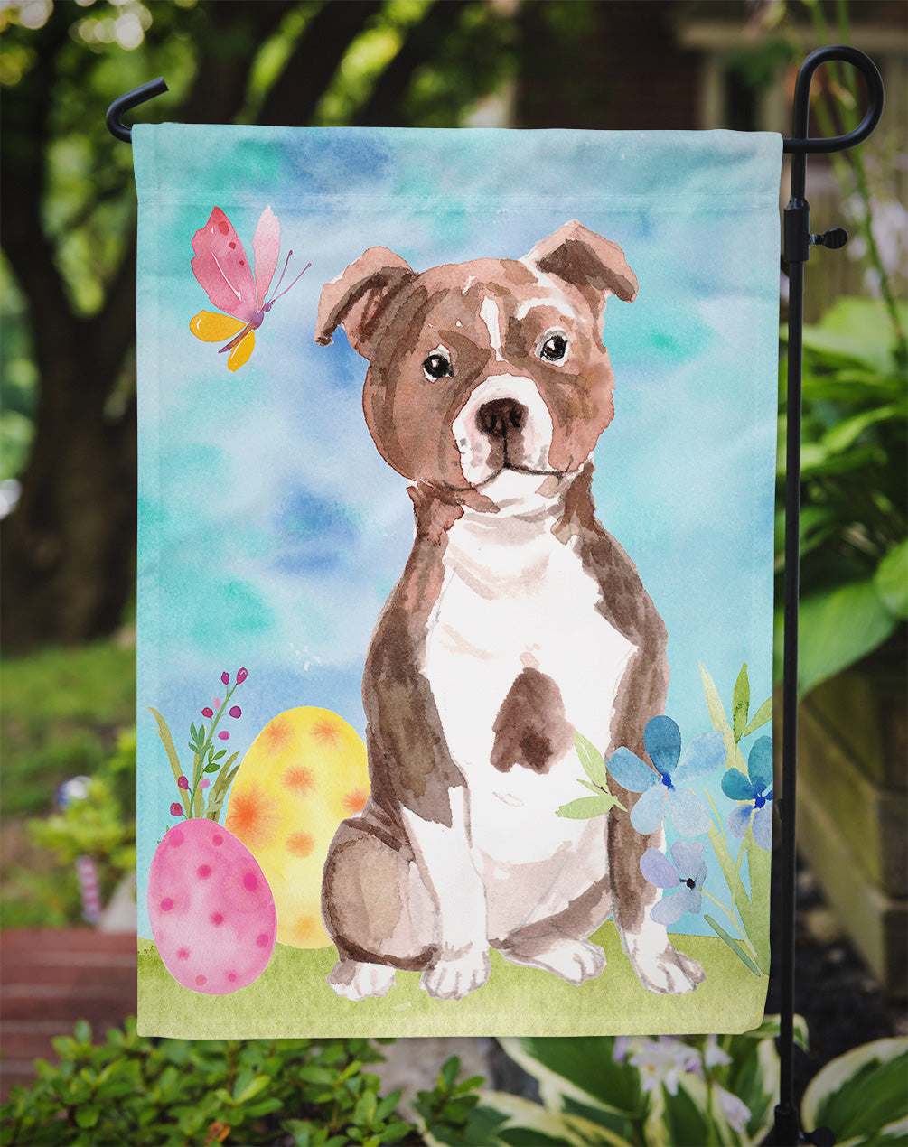 Red Staffie Bull Terrier Easter Garden Flag Mailbox Decorative Yard Banner Outside Patio Artwork for Flower Beds, Garden Size, Multicolor