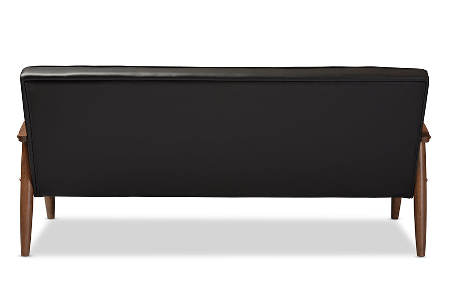 Baxton Studio Sorrento Mid-century Retro Modern Black Faux Leather Upholstered Wooden 3-seater Sofa