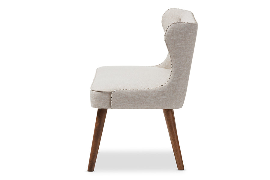 Baxton Studio Scarlett Mid-Century Modern Brown Wood and Light Beige Fabric Upholstered Button-Tufting with Nail Heads Trim 2-Seater Loveseat Settee