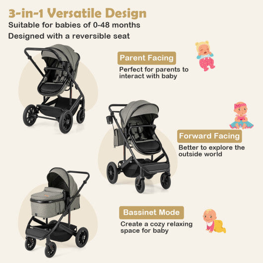 3-in-1 Folding Convertible Newborn Stroller with Detachable Bassinet-Black