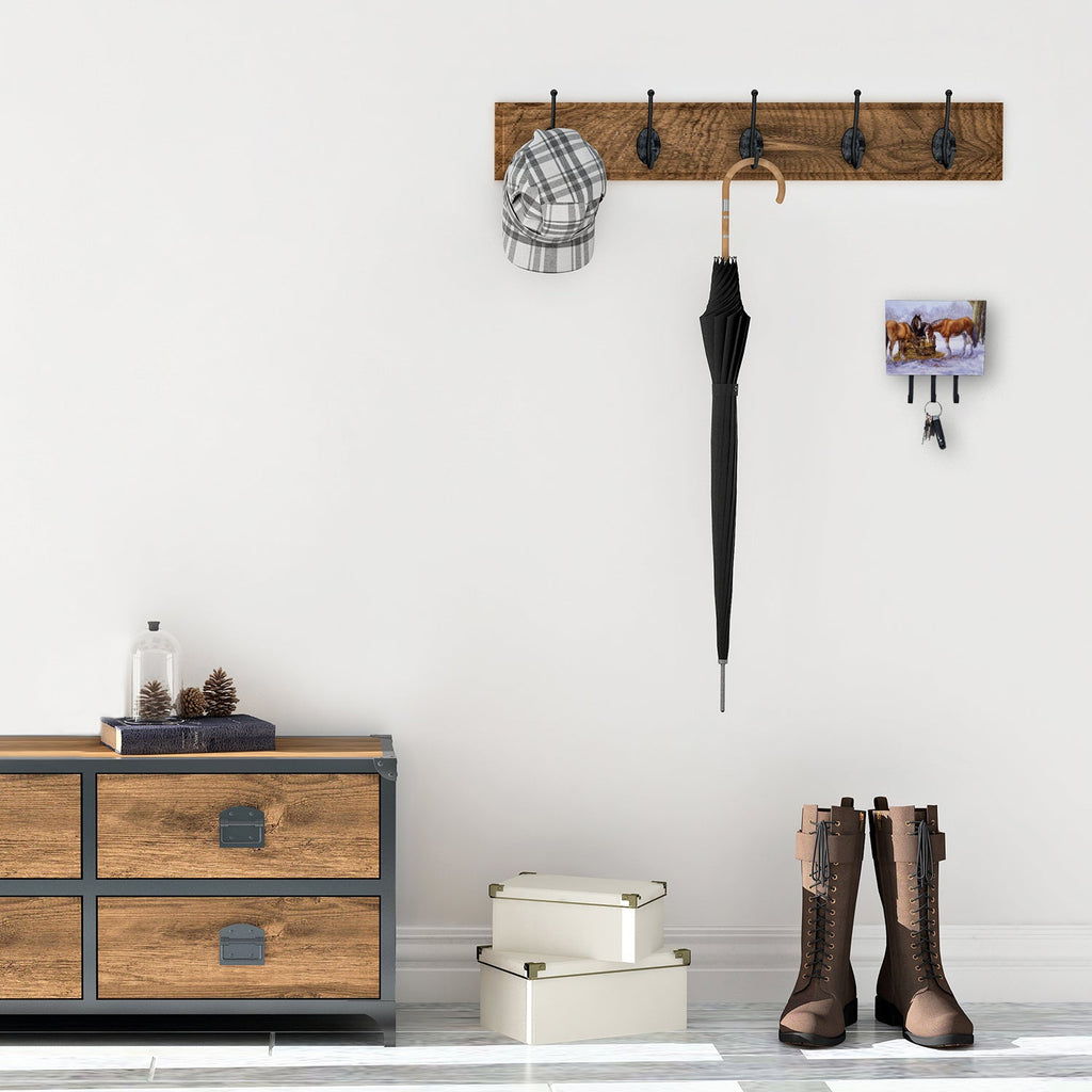Horses eating Hay in the Snow Leash or Key Holder Wall Hooks, Coat Rack Wall Mount, for Hanging Keys, Towels, Aprons, Leashes