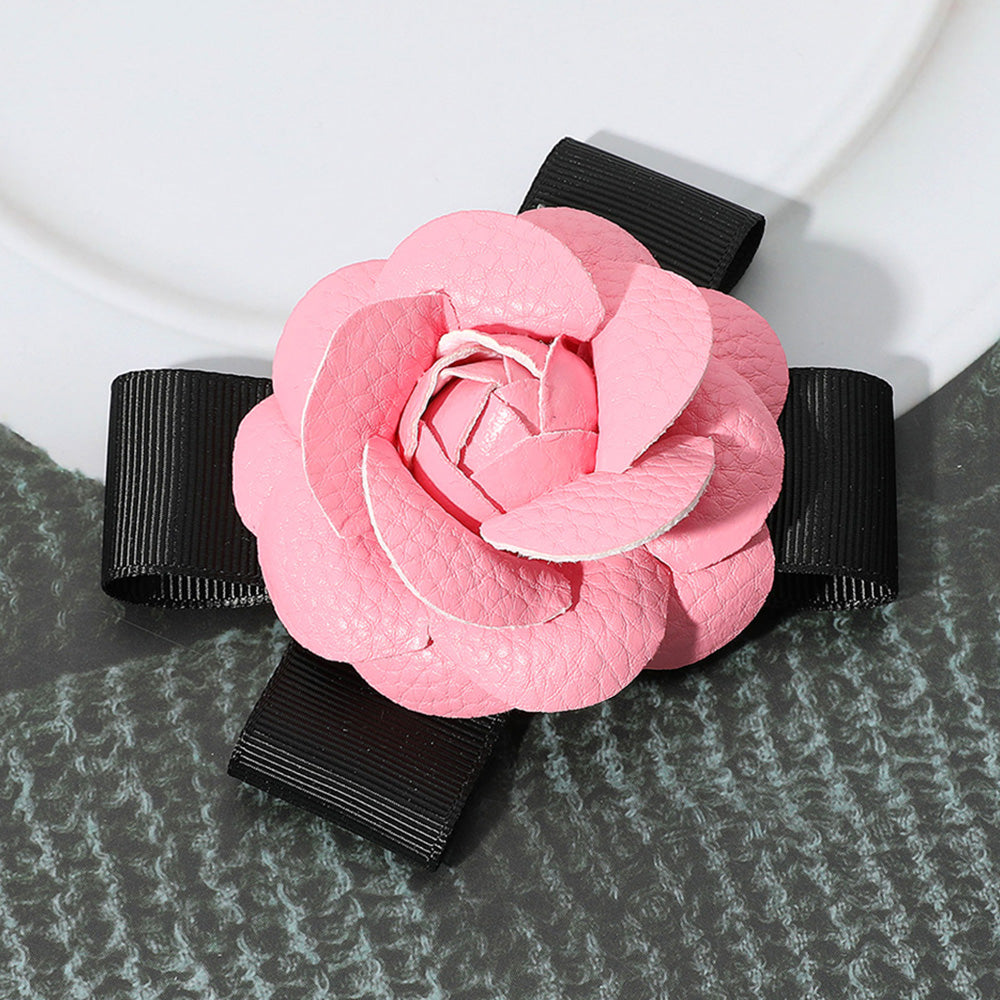 Faux Leather Flower Bow Pin Brooch Hair Clip