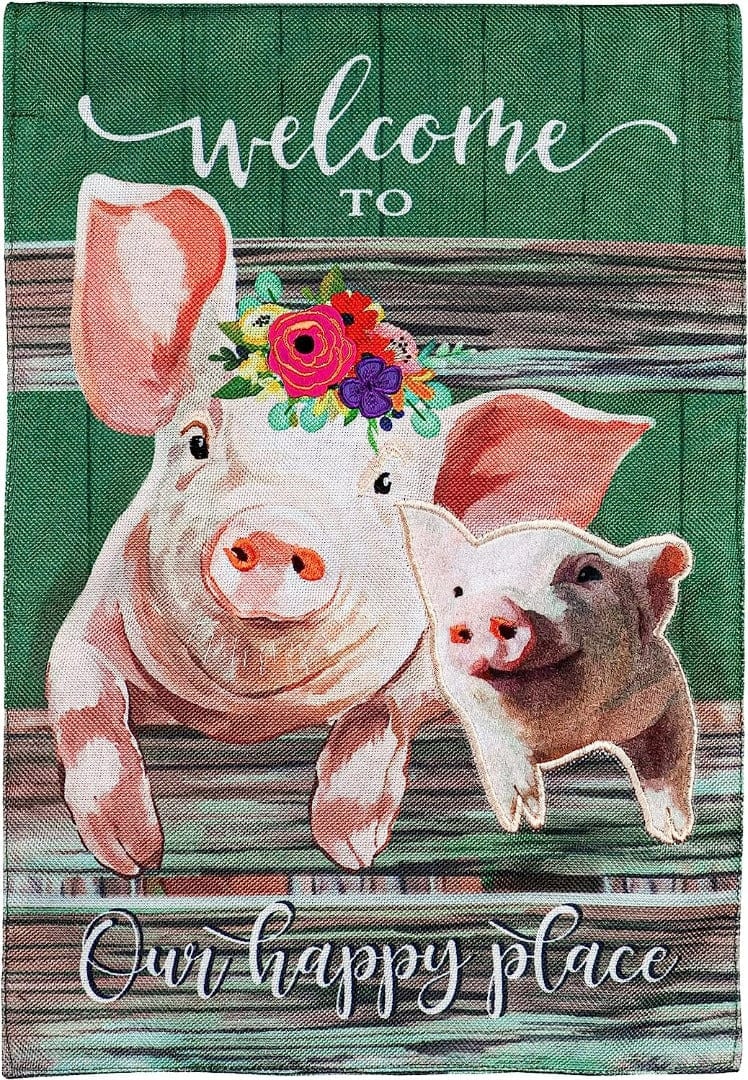 Baby and Mama Pig Garden Flag 2 Sided Our Happy Place