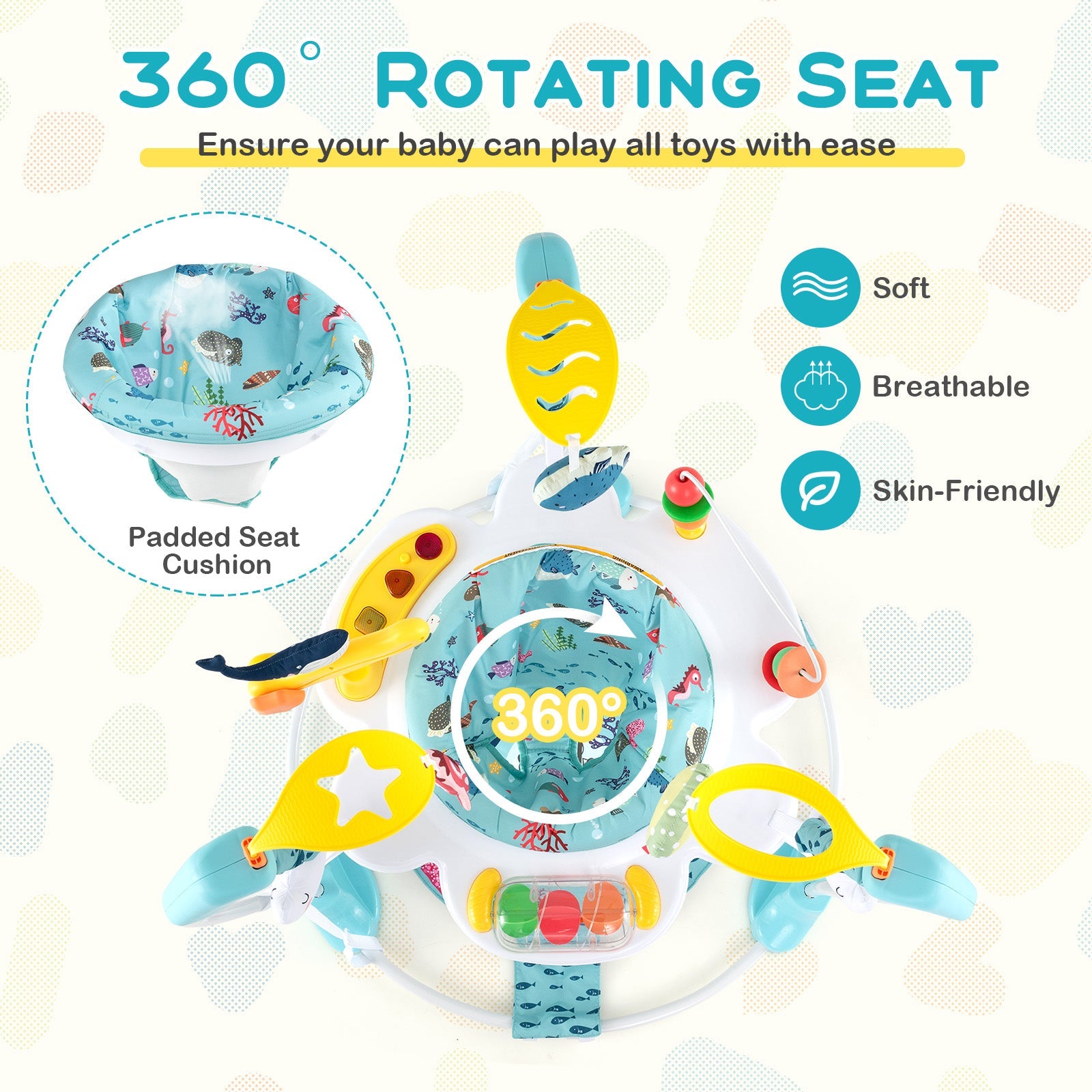 Baby Activity Center Height Adjustable Baby Bouncing Saucer with Interactive Toys-Light Blue