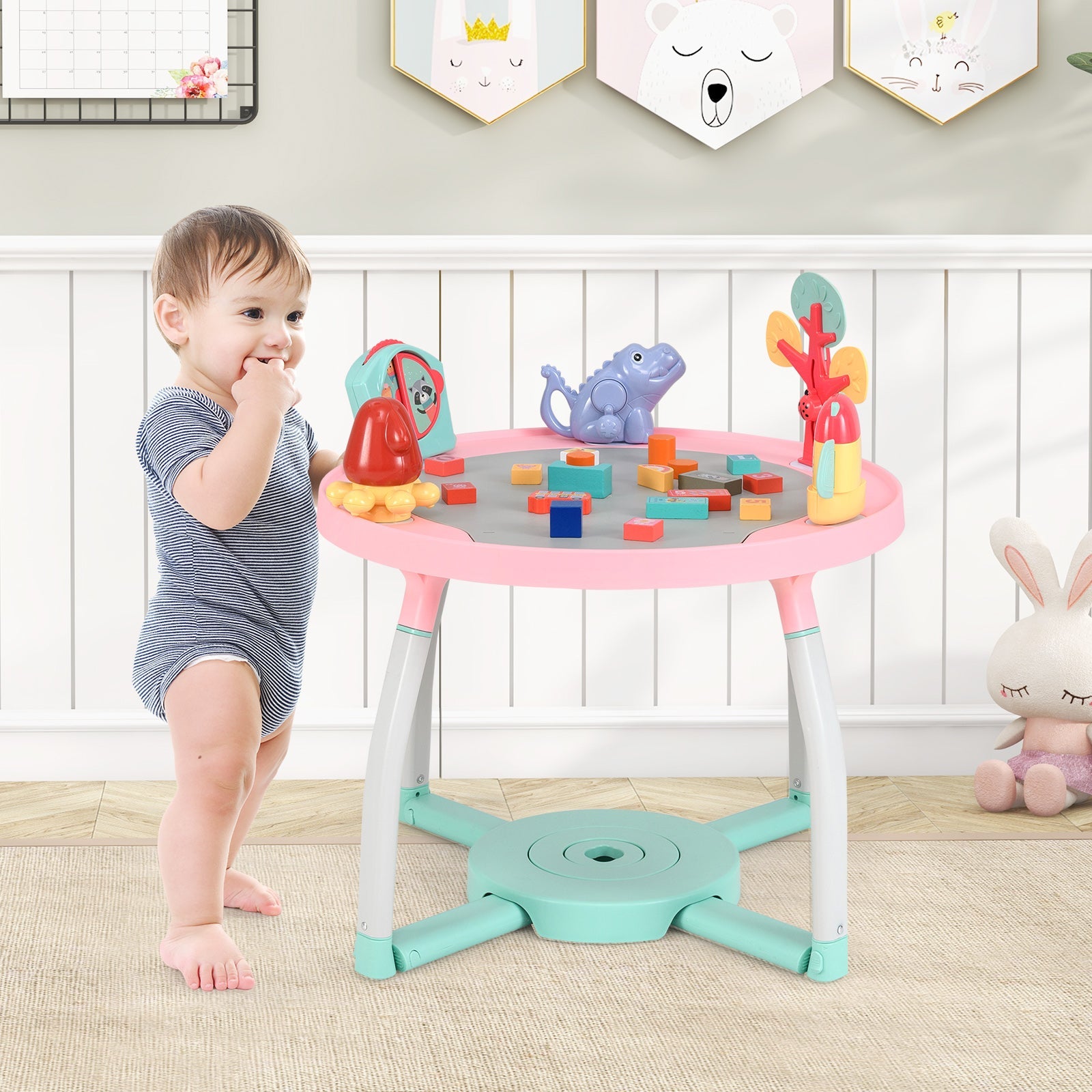 5-in-1 Baby Activity Center Interactive Bounce Seat with Removable Toys-Pink