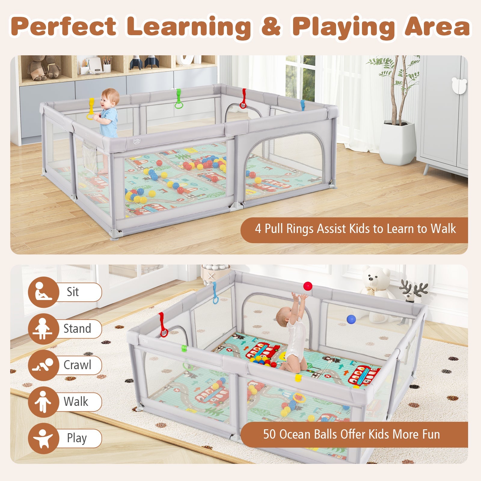 Baby Playpen with Mat and Breathable Mesh-Gray