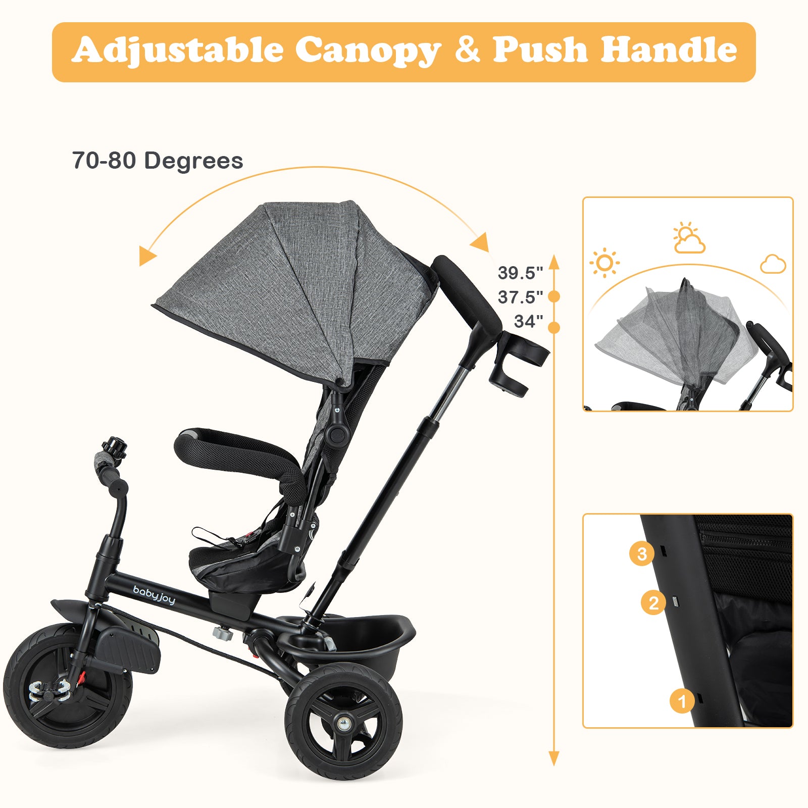 4-in-1 Baby Tricycle Toddler Trike with Reversible Seat and 5-Point Safety Harness-Gray