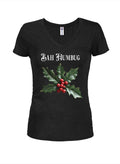 Bah Humbug Holly Branch Juniors V Neck T-Shirt