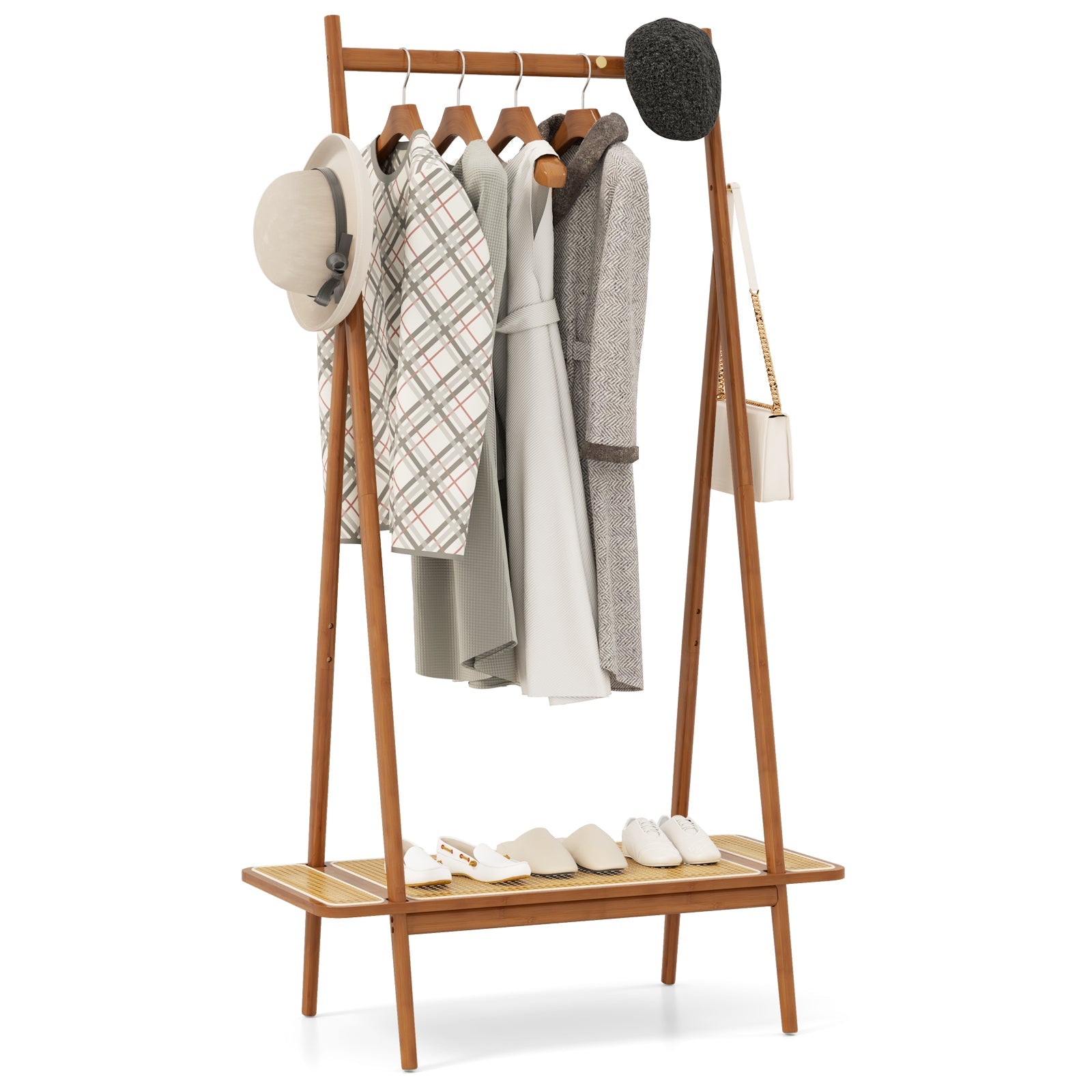 Bamboo Clothes Rack with Hanging Rod Rattan Shelf and Copper Hooks
