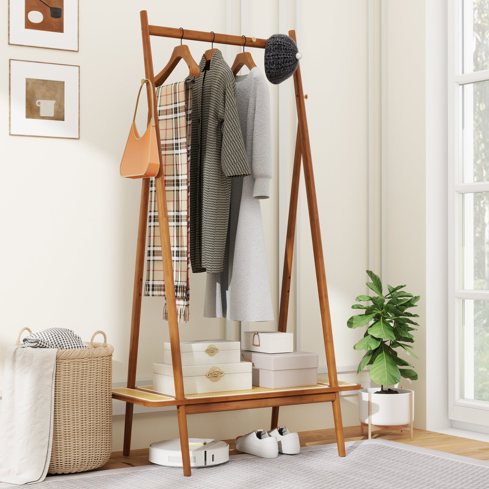 Bamboo Clothes Rack with Hanging Rod Rattan Shelf and Copper Hooks