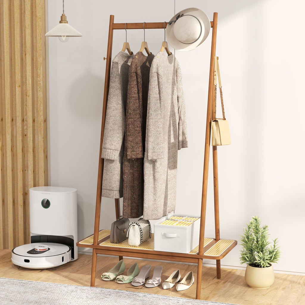 Bamboo Clothes Rack with Hanging Rod Rattan Shelf and Copper Hooks