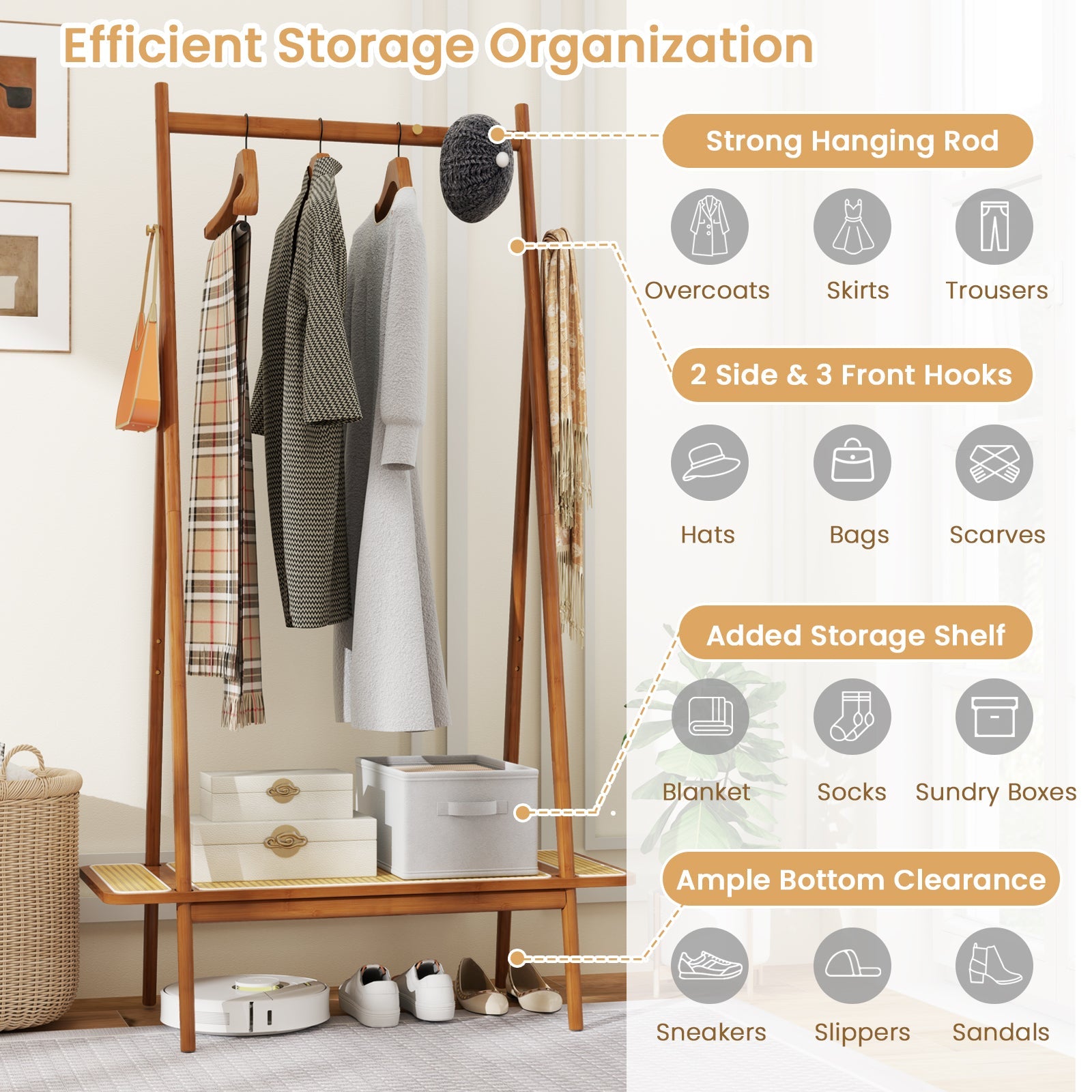Bamboo Clothes Rack with Hanging Rod Rattan Shelf and Copper Hooks