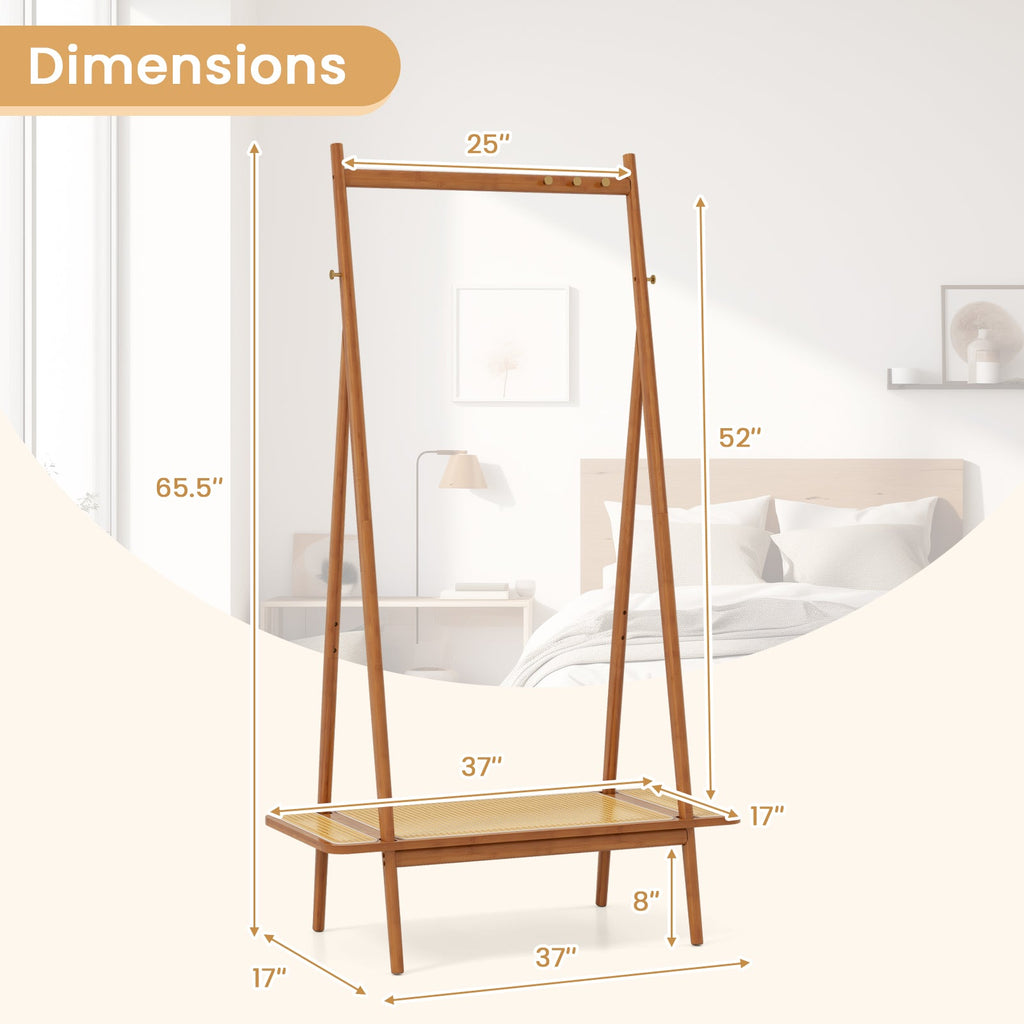 Bamboo Clothes Rack with Hanging Rod Rattan Shelf and Copper Hooks