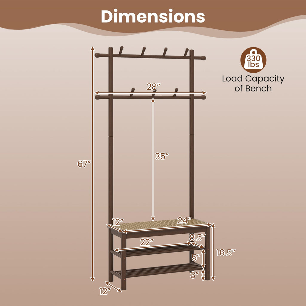 Bamboo Coat Rack PE Rattan Hall Tree with Bench and Shoe Storage 3-In-1 Entryway Bench