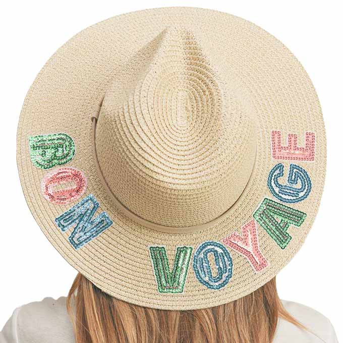 Bon Voyage Sequin Message Straw Panama Sun Hat
