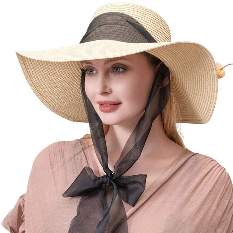 Mesh Ribbon Floppy Straw Sun Hat