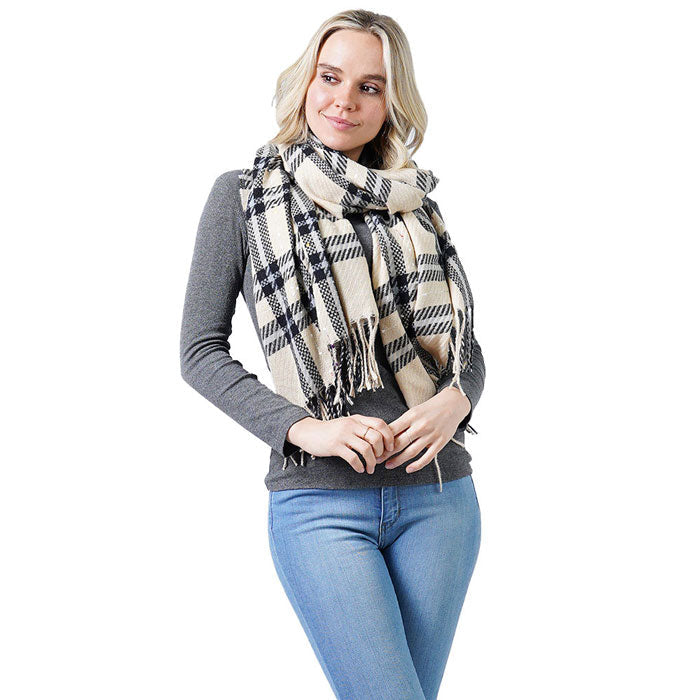 Plaid Check Oblong Scarf With Tassel