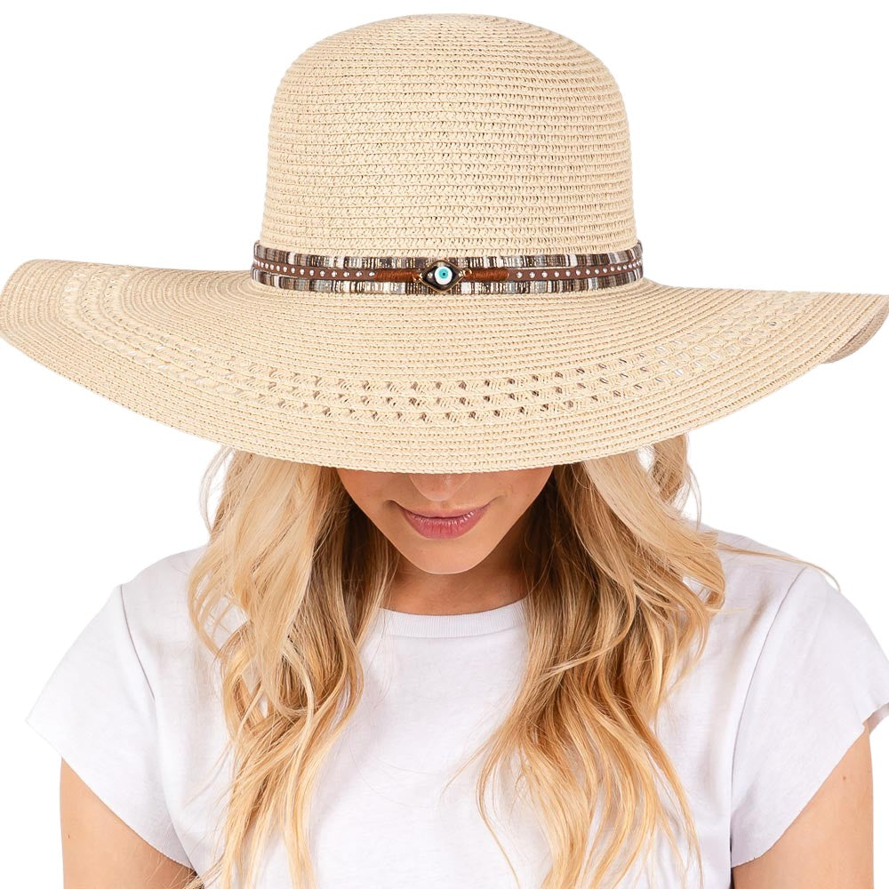 Wide Brim Straw Sun Hat with Evil Eye and Multi Design Band