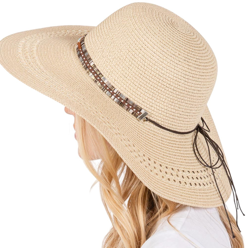 Wide Brim Straw Sun Hat with Evil Eye and Multi Design Band