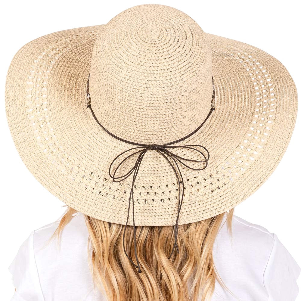 Wide Brim Straw Sun Hat with Evil Eye and Multi Design Band