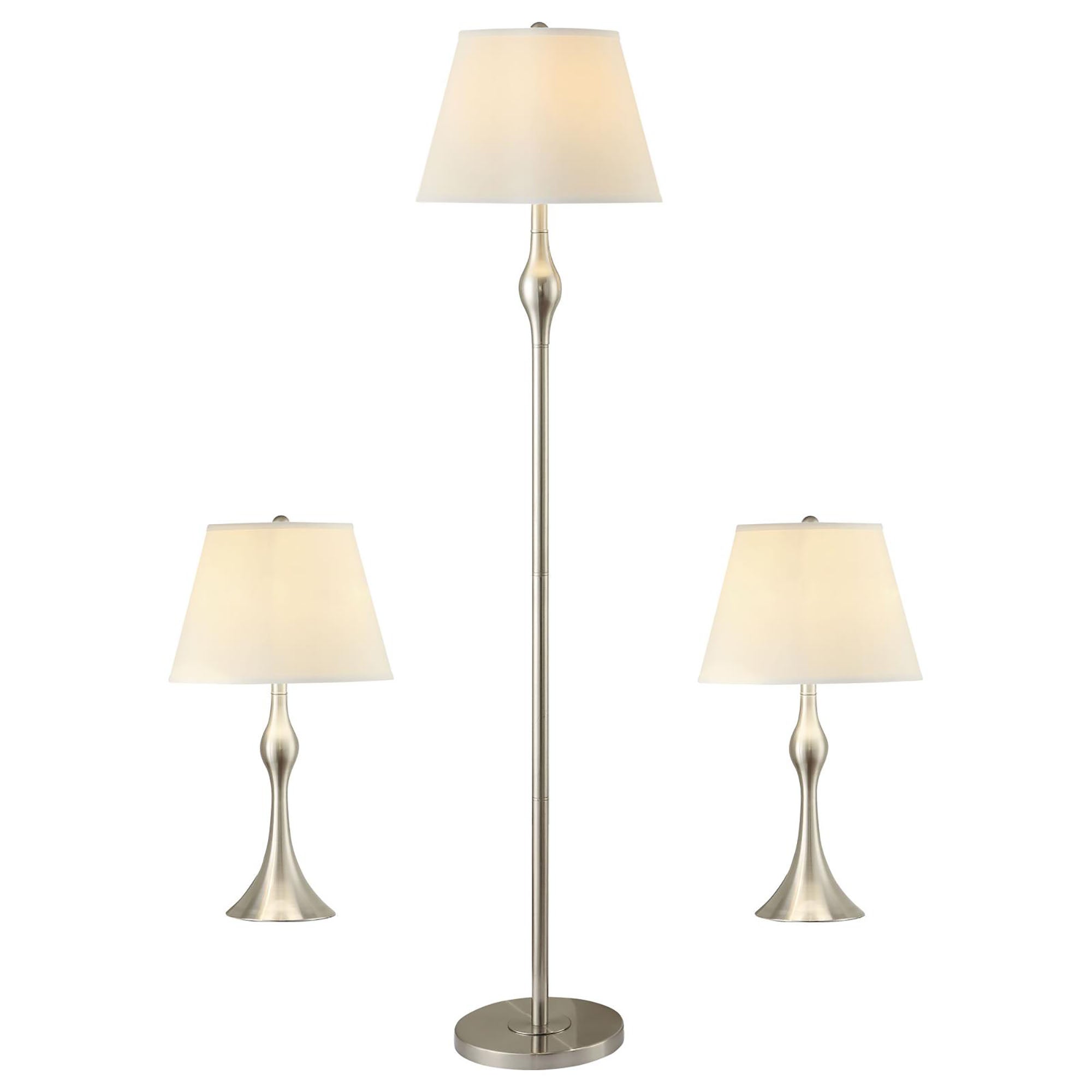 3-Piece Lamp Set – Brushed Nickel & Beige Faux Silk Empire Shades | Floor Lamp + 2 Table Lamps