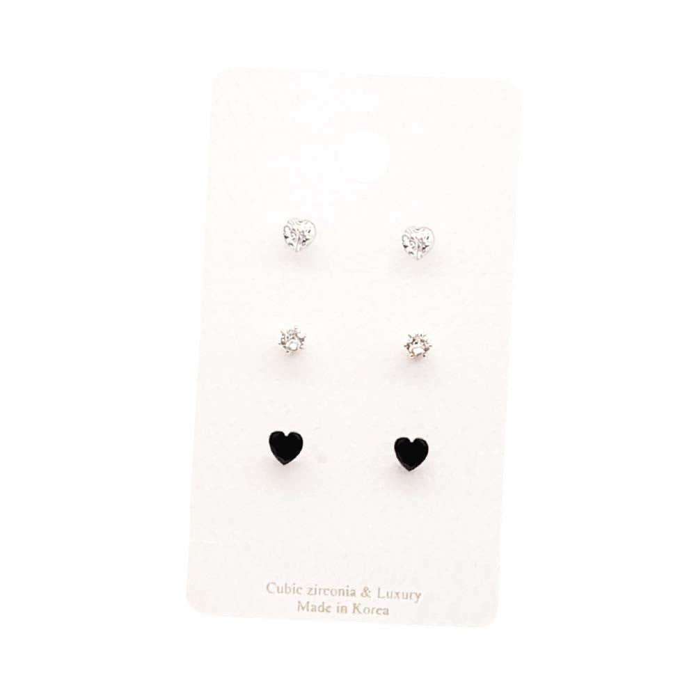 3Pairs - CZ Heart Round Stud Earrings Set