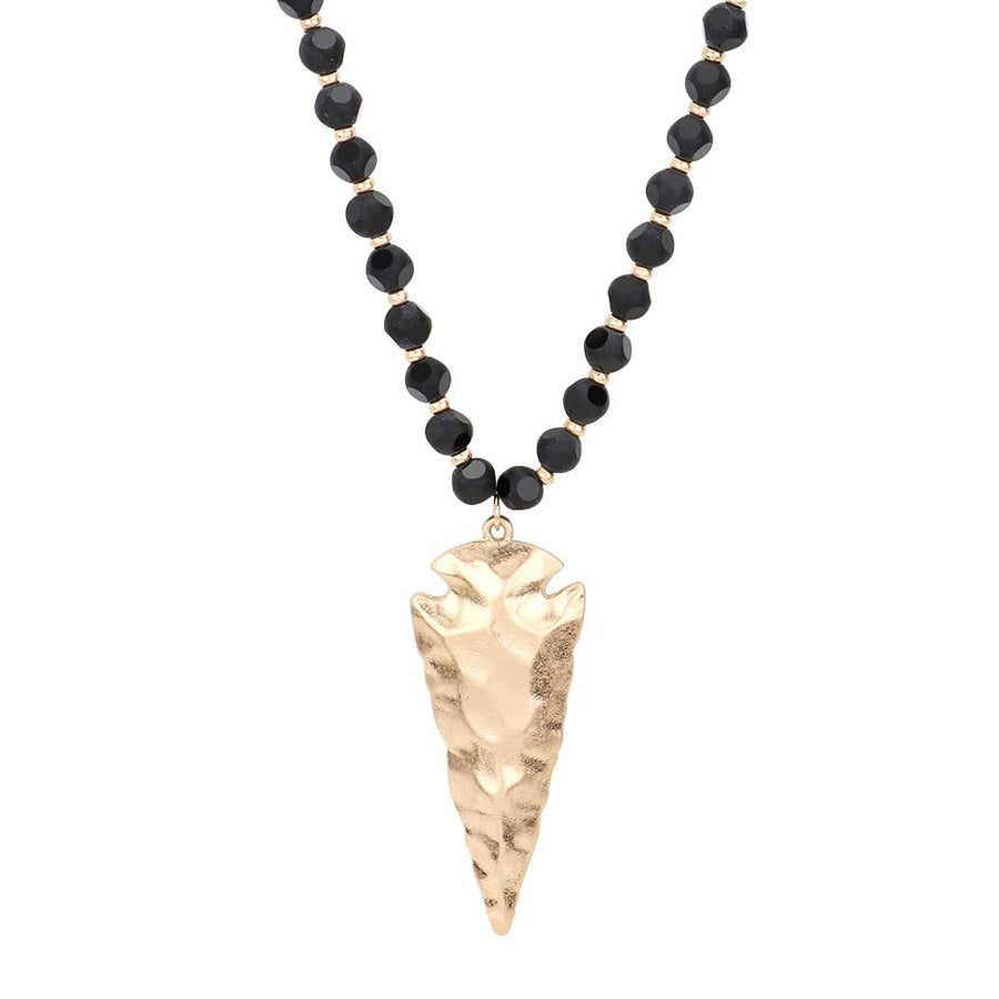 Hammered Metal Arrow Pendant Faceted Beads Long Necklace