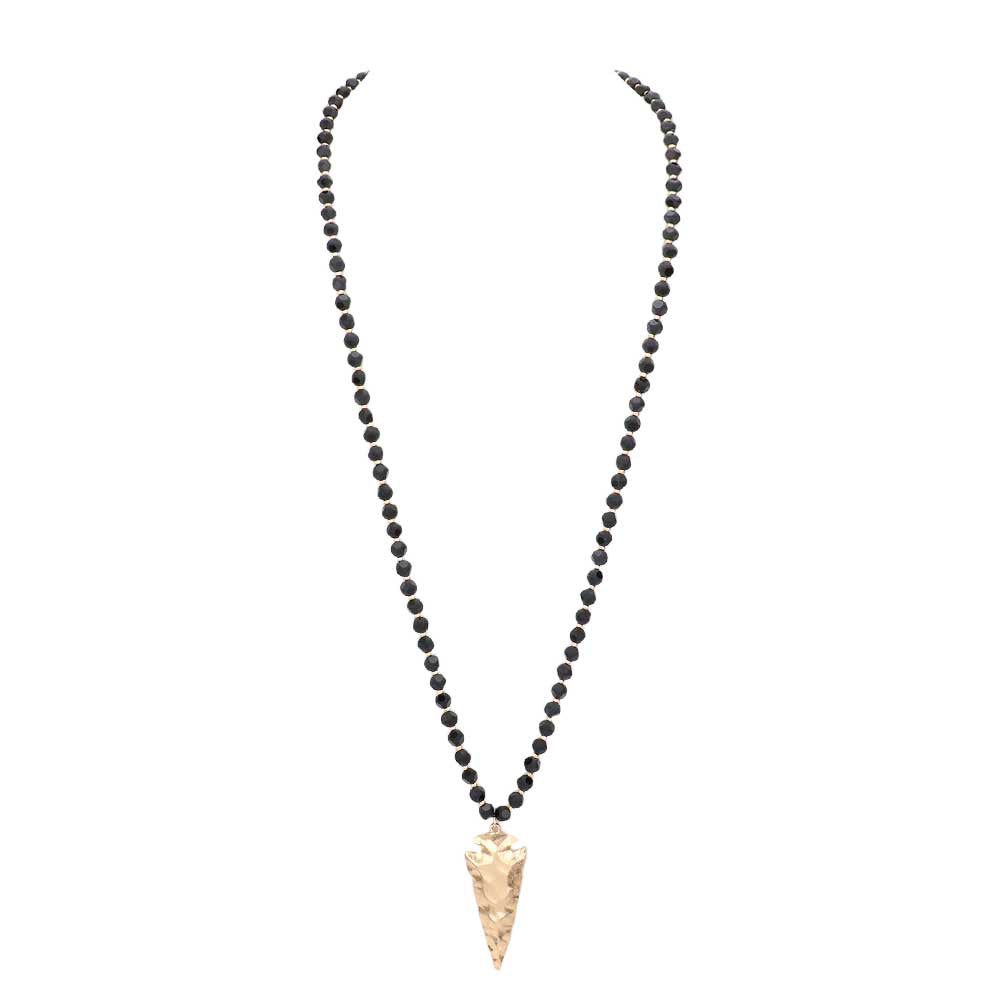 Hammered Metal Arrow Pendant Faceted Beads Long Necklace