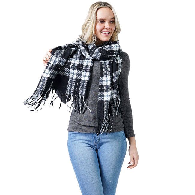 Plaid Check Oblong Scarf With Tassel