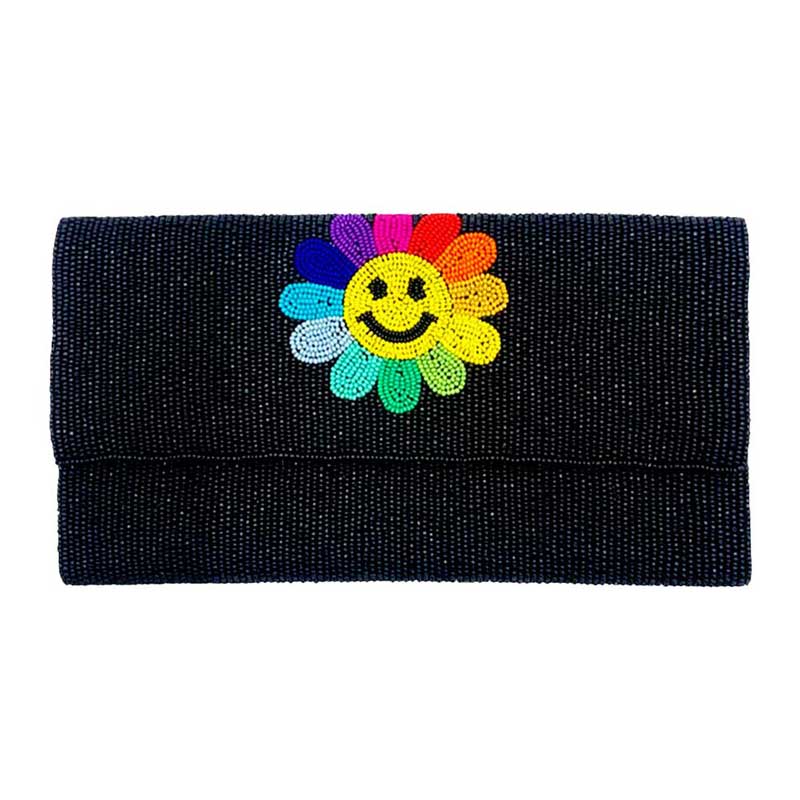 Smile Flower Accented Seed Beaded Clutch Crossbody Bag