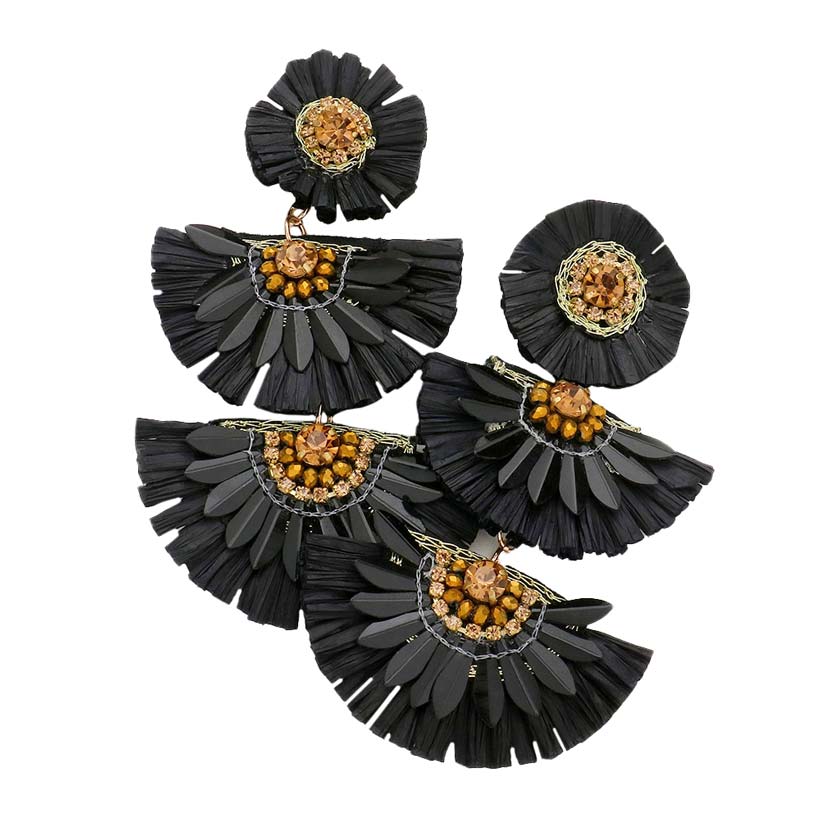 Stone Embellished Half Round Raffia Link Dangle Earrings