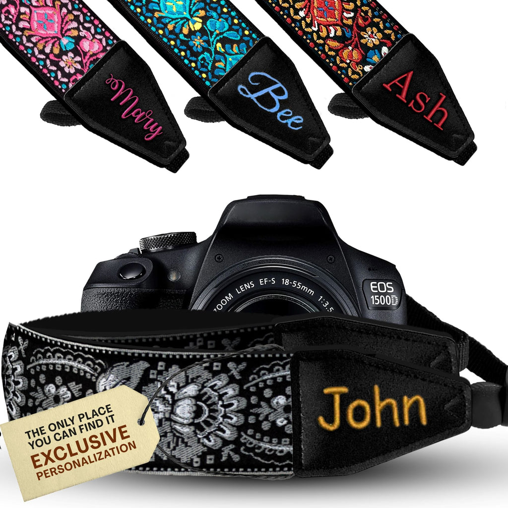 Personalized Embroidered Black Silver Woven Camera Strap