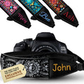 Personalized Embroidered Black Silver Woven Camera Strap