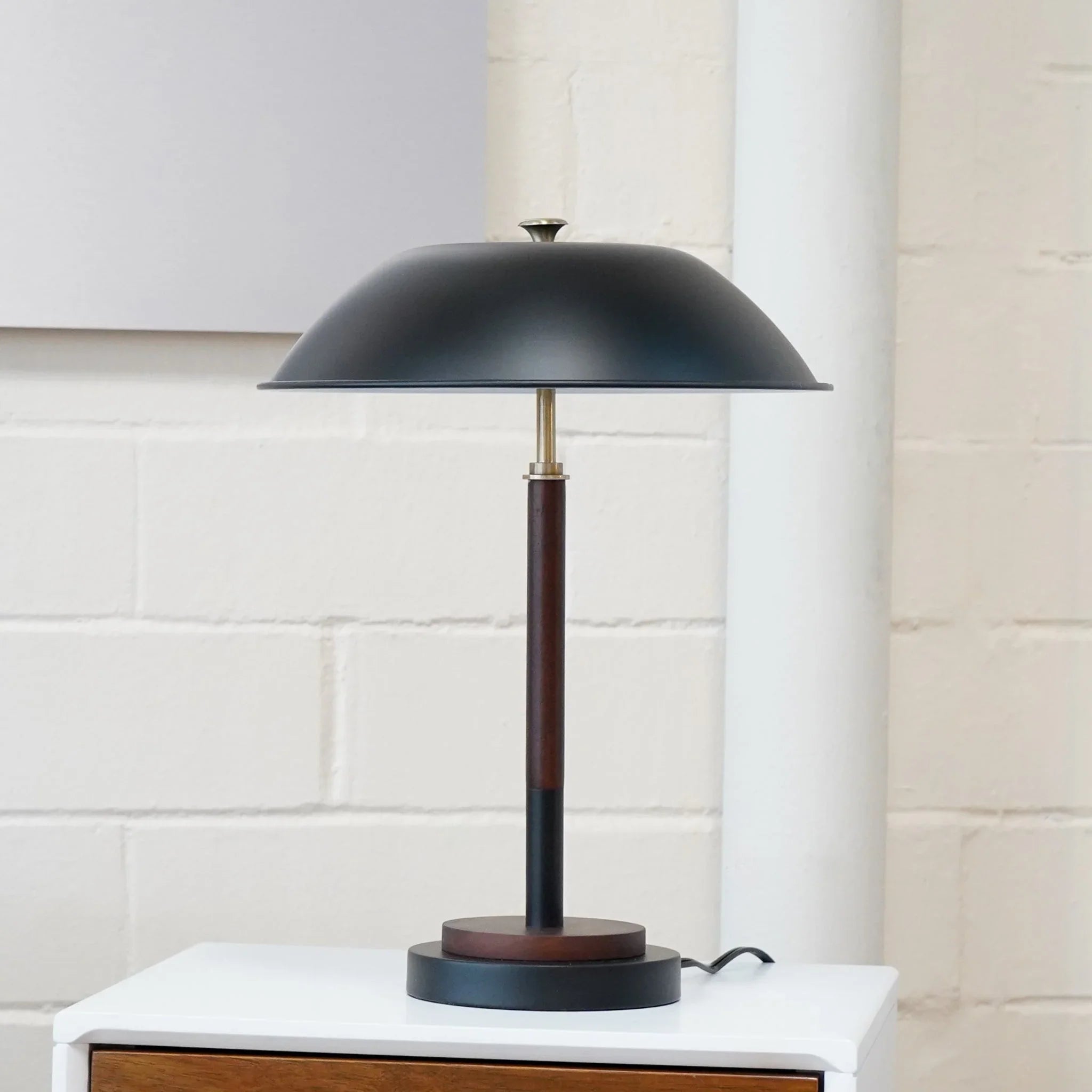 Umbrella Table Lamp – Black Metal Shade, Walnut Rubber Wood Base & E26 Socket | Modern Bedside & Desk Lamp