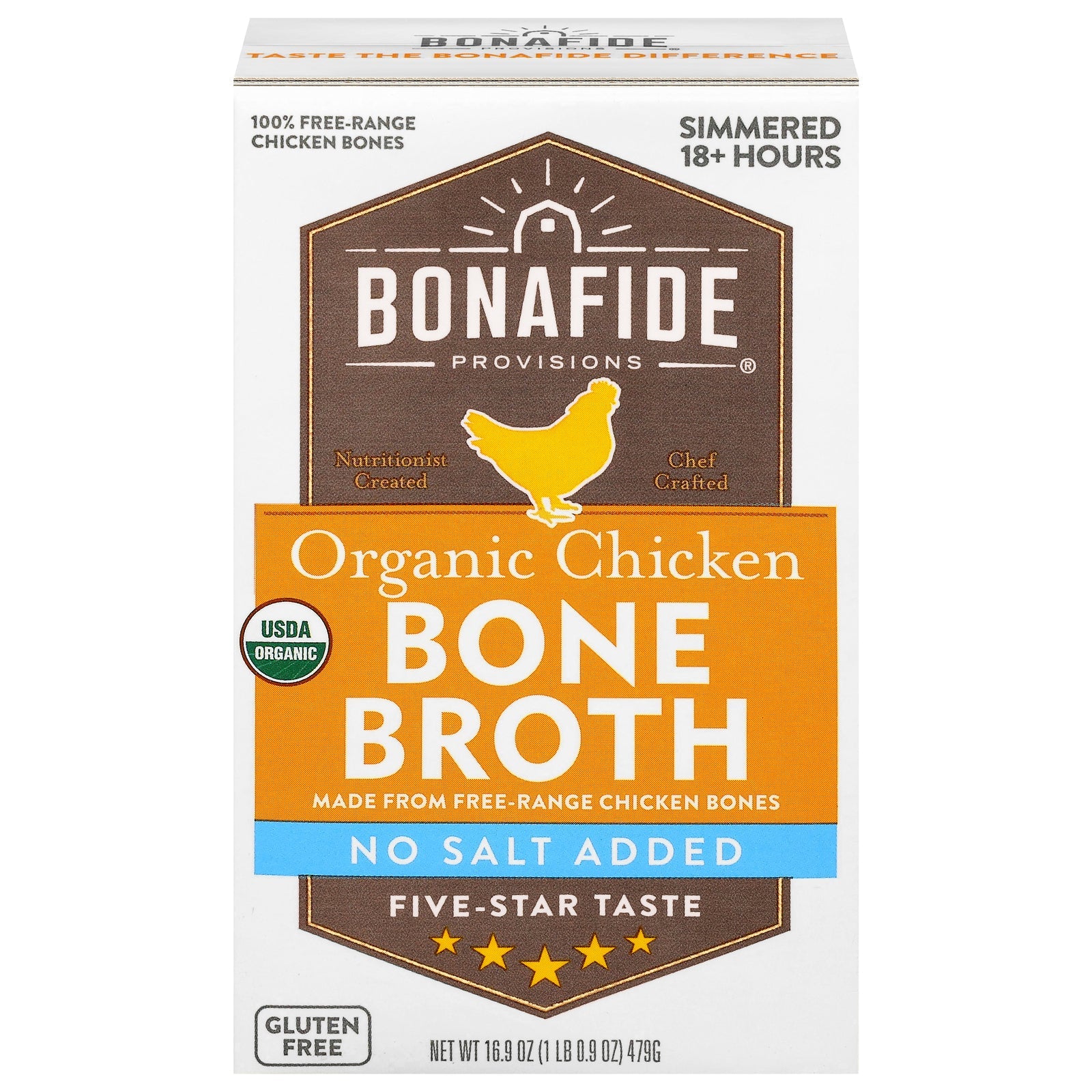 Bonafide Provisions Organic Chicken Bone Broth, No Salt Added, 16.9 fl oz. (Pack of 6)