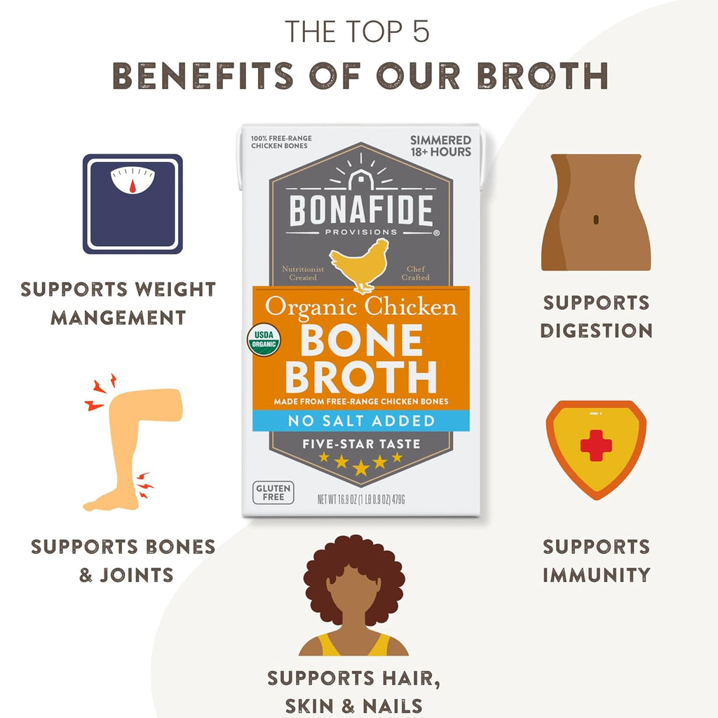 Bonafide Provisions Organic Chicken Bone Broth, No Salt Added, 16.9 fl oz. (Pack of 6)