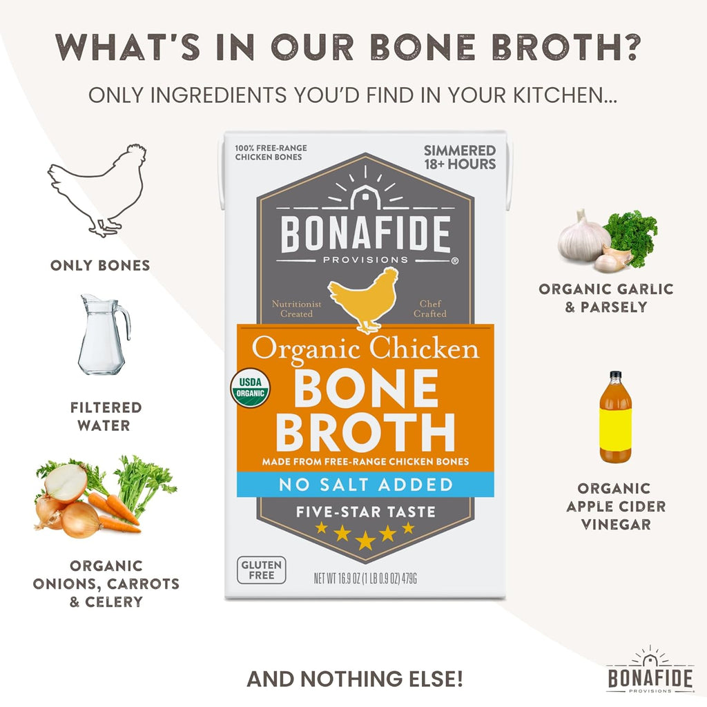 Bonafide Provisions Organic Chicken Bone Broth, No Salt Added, 16.9 fl oz. (Pack of 6)