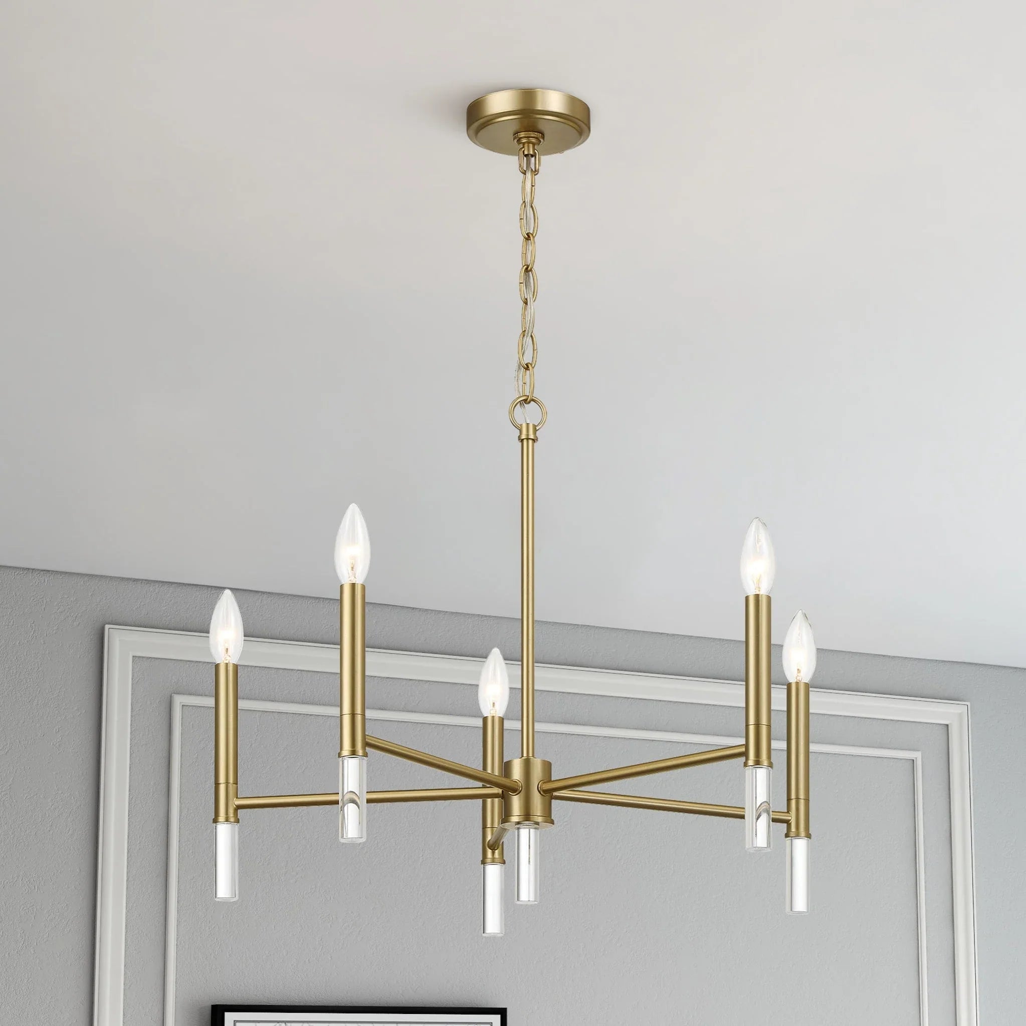5-Light Golden Brass Candle Chandelier | 24"W Elegant Ceiling Fixture with Clear Glass Accents — Dining Room, Living Room & Entryway