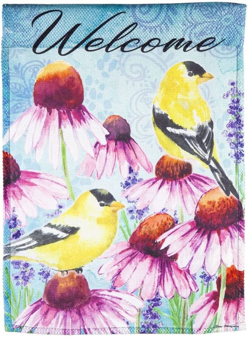 Bright Cone Flowers and Finches Garden Flag 2 Sided Welcome