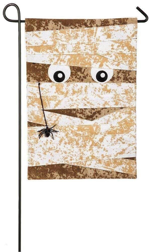 Burlap Mummy 2 Sided Halloween Garden Flag Dangling Spider