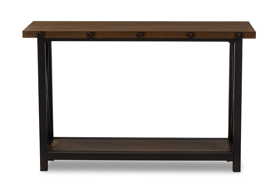 Baxton Studio Herzen Rustic Industrial Style Antique Black Textured Finished Metal Distressed Wood Occasional Console Table