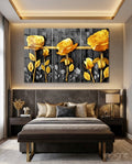 Golden Roses Gray Wood Triptych Glass Wall Art