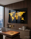 Glowing Golden World Map Glass Wall Art